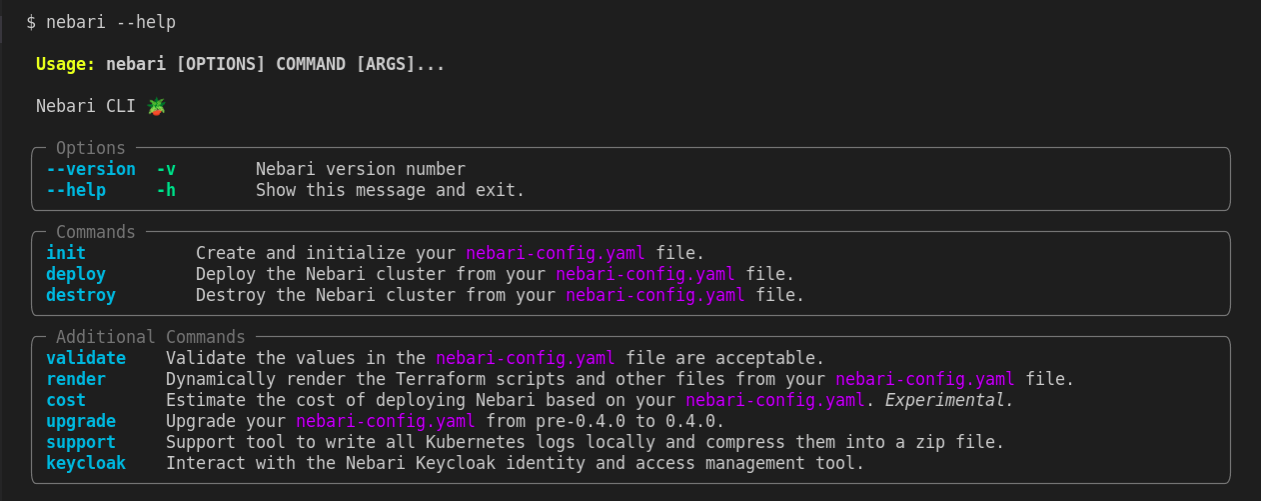 A representation of the output generated when Nebari help command argument is executed, the output contains a list of the available commands and their use.