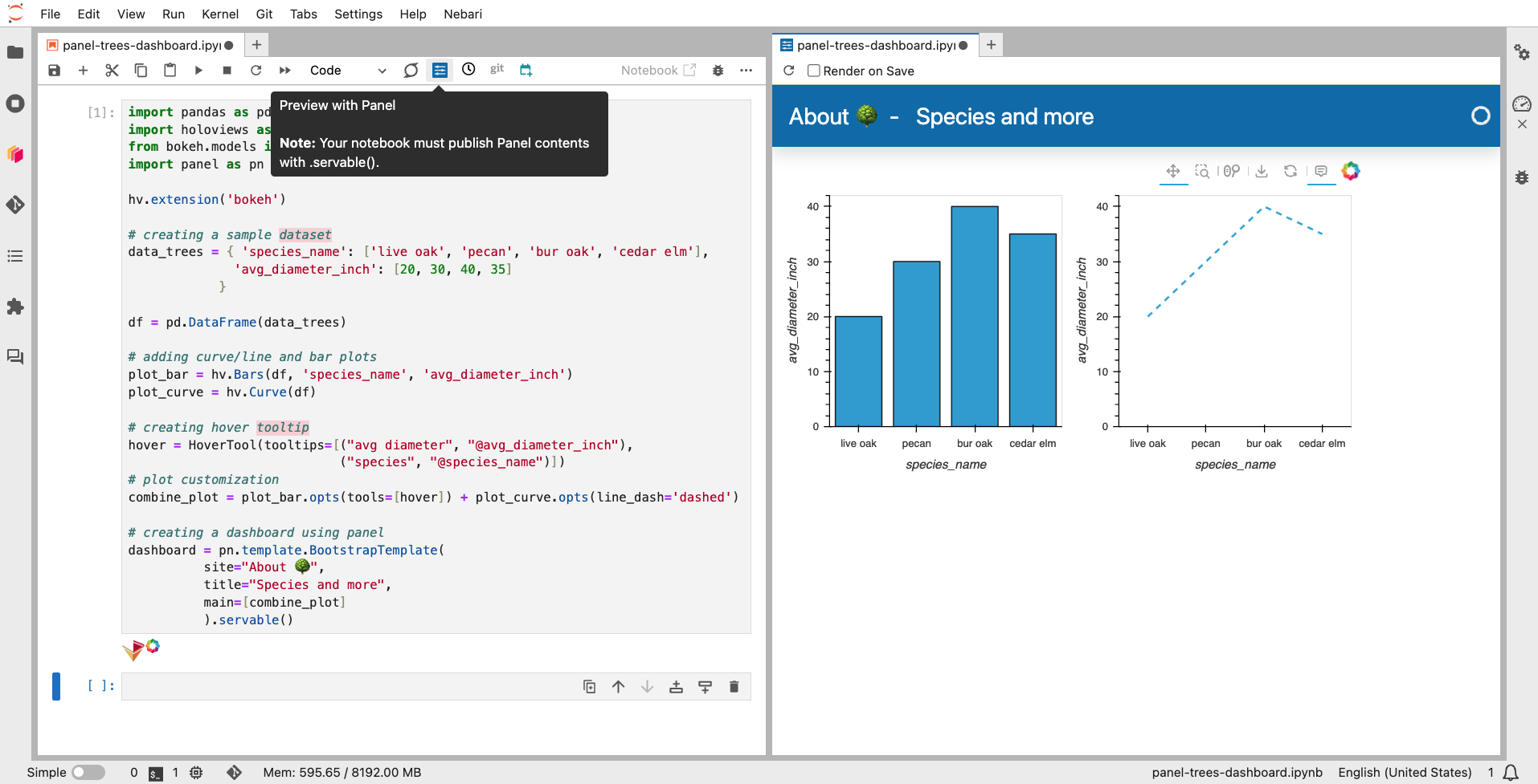 `About 🌳 - Species and more` dashboard screenshot displaying a bar and line chart of avg_diameter_inch vs species_name